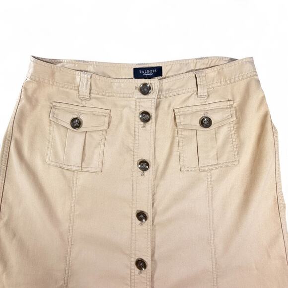 Talbots Cargo Midi Skirt Womens 14 Button Front Khaki Safari Utility A-line‎ y2k - Picture 2 of 7